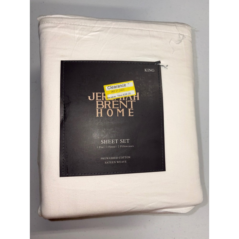Jeremiah Brent Home King Sheet Set Solid Cream Prewashed Cotton Sateen 4pc